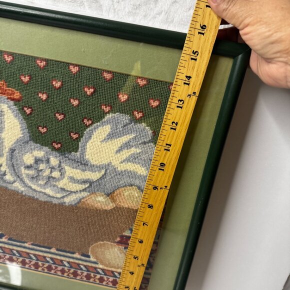 Framed Needlepoint Canvas Chicken in a Basket Finished Completed Picture Frame - Picture 5 of 6